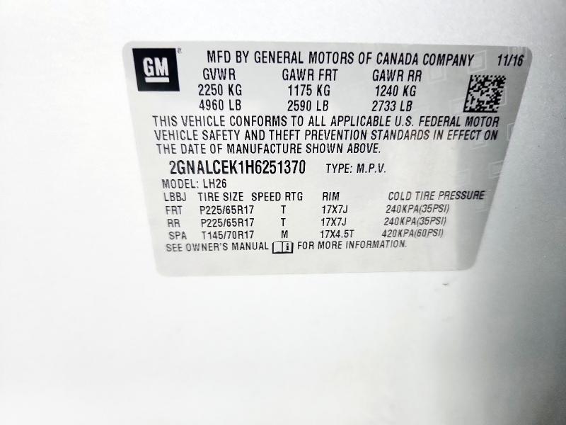 2017 CHEVROLET EQUINOX LT 2GNALCEK1H6251370