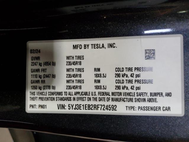 2024 TESLA MODEL 3 5YJ3E1EB2RF724592