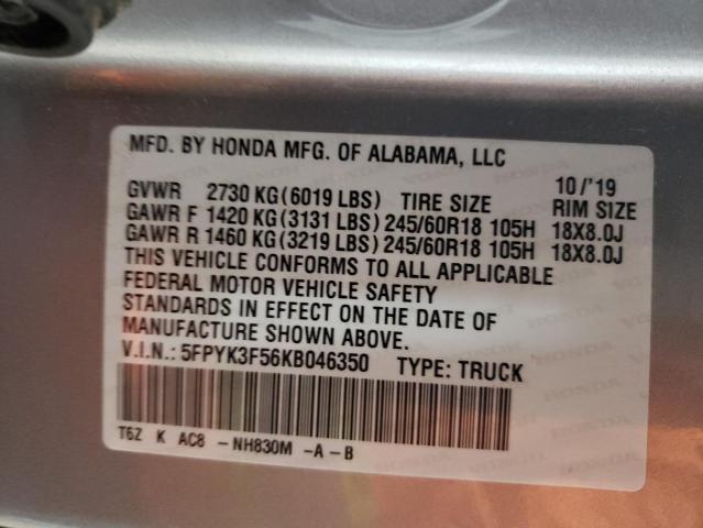 2019 HONDA RIDGELINE RTL 5FPYK3F56KB046350