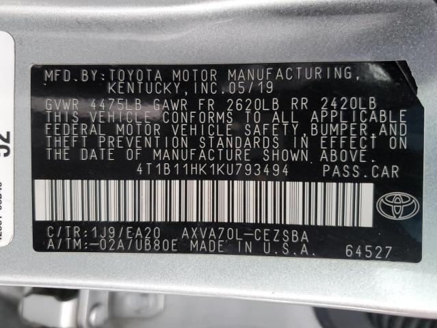 2019 TOYOTA CAMRY L 4T1B11HK1KU793494