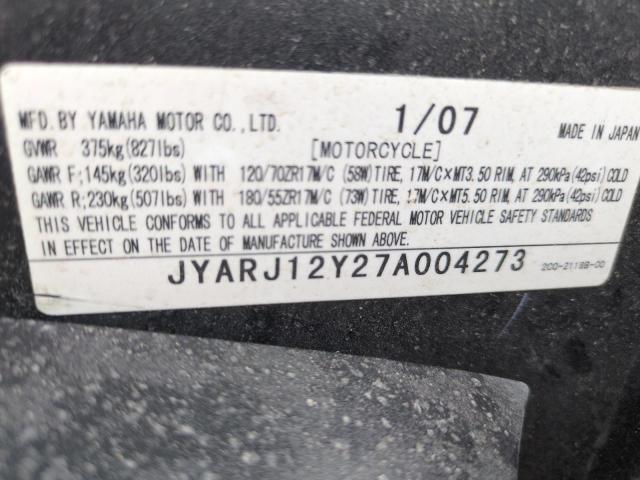 2007 YAMAHA YZFR6 L JYARJ12Y27A004273