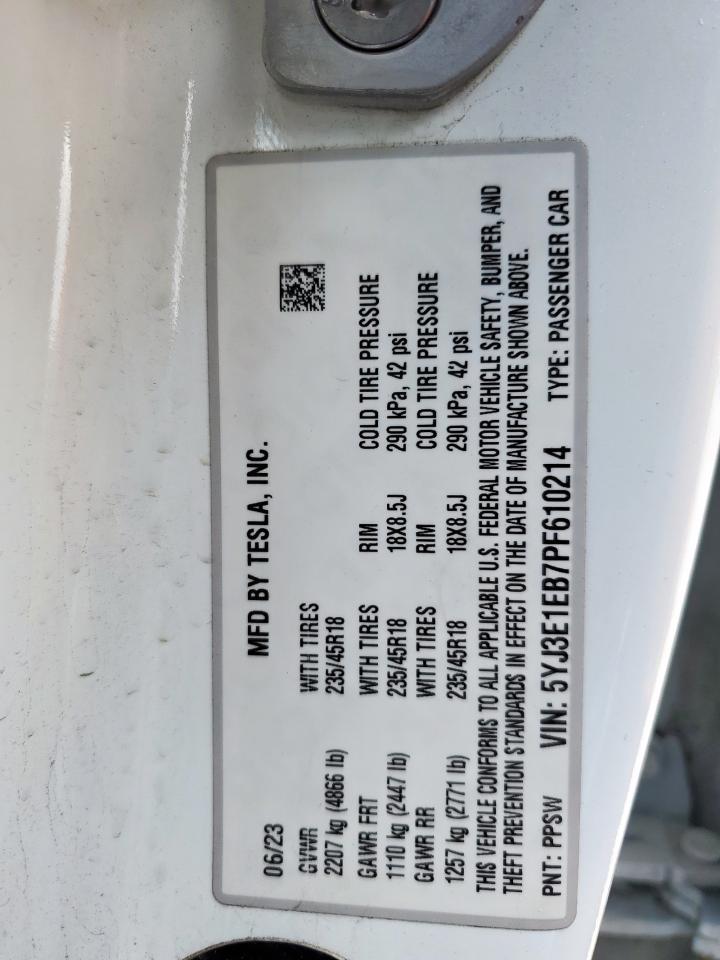 Lot #3305652716 2023 TESLA MODEL 3