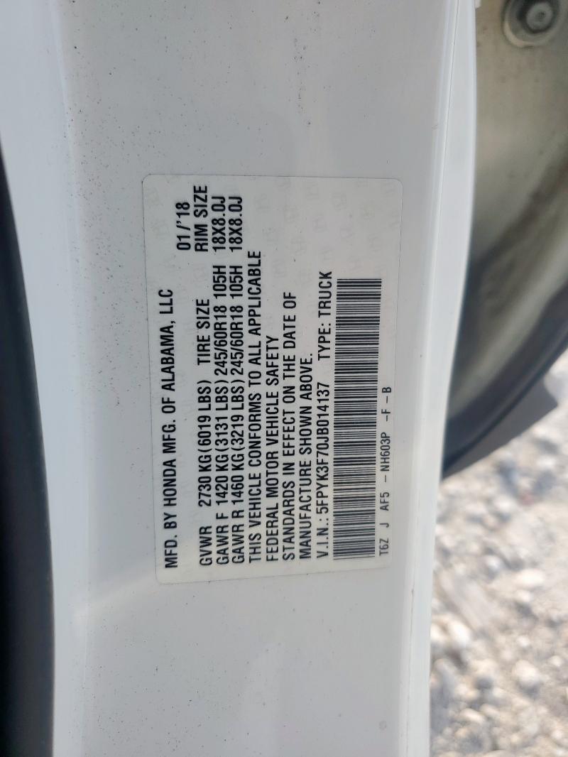 2018 HONDA RIDGELINE 5FPYK3F70JB014137