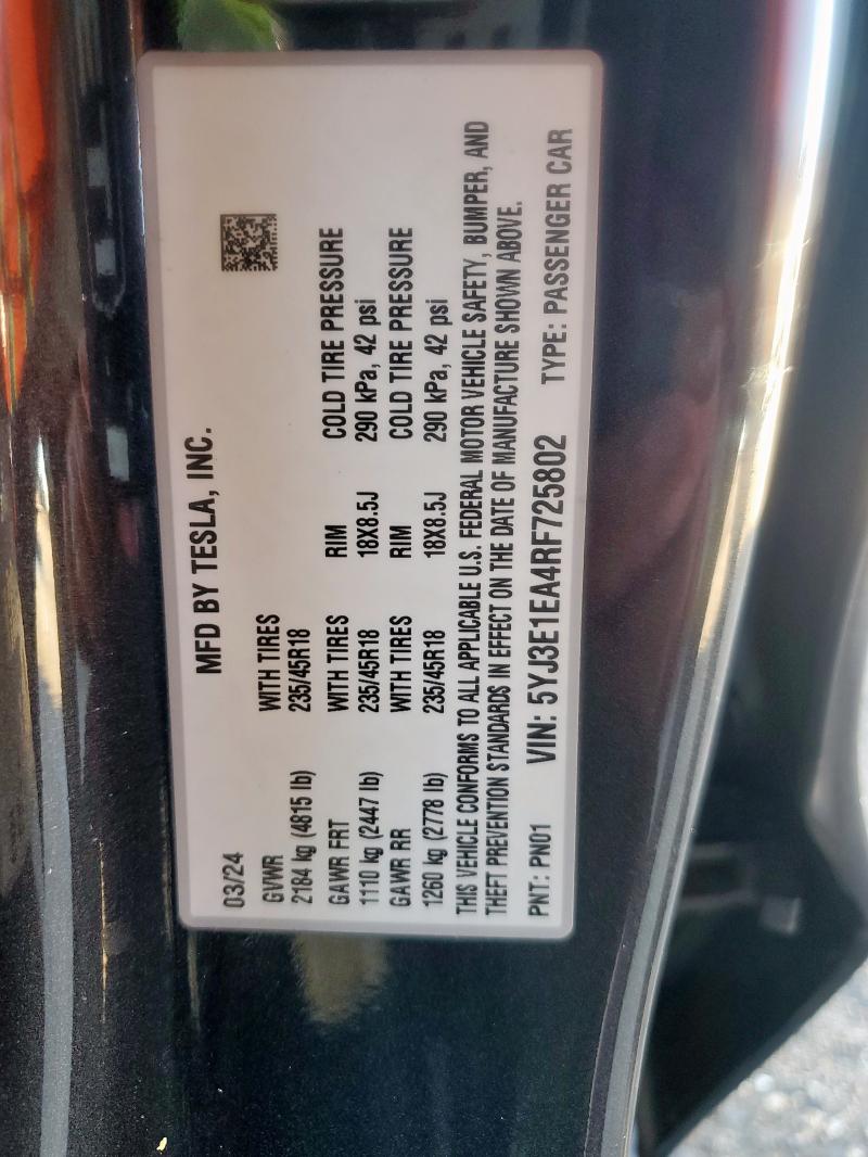 2024 TESLA MODEL 3 5YJ3E1EA4RF725802