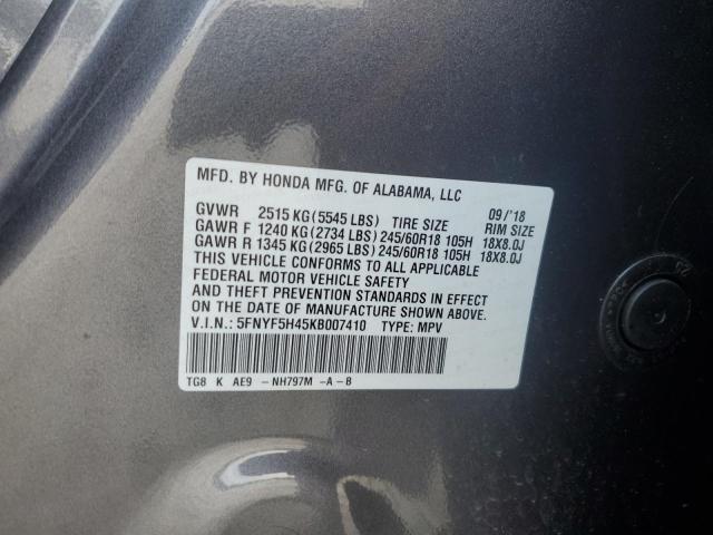 2019 HONDA PILOT EXL 5FNYF5H45KB007410