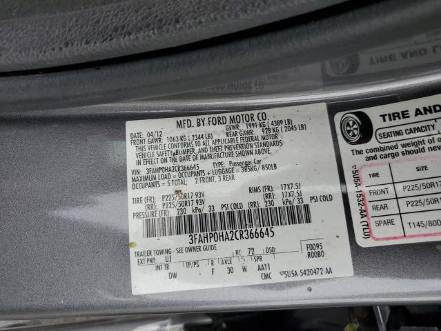 2012 FORD FUSION SE - 3FAHP0HA2CR366645