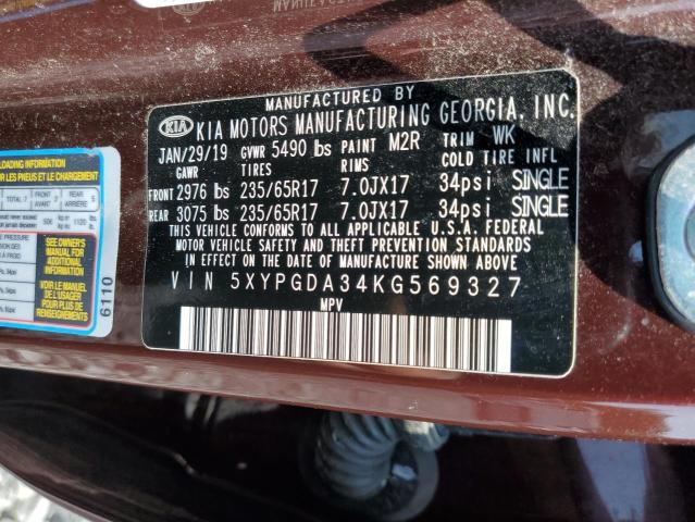 2019 KIA SORENTO L 5XYPGDA34KG569327