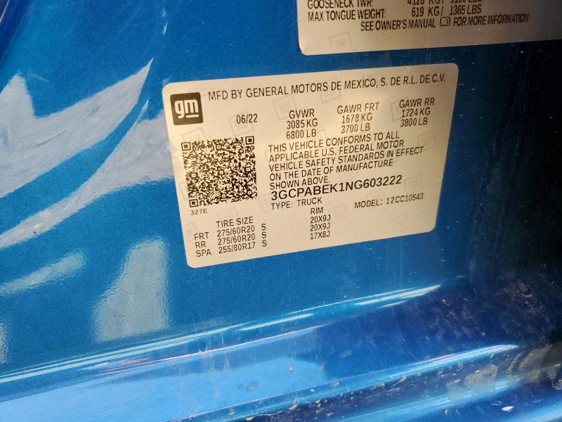 2022 CHEVROLET SILVERADO C1500 CUSTOM 3GCPABEK1NG603222