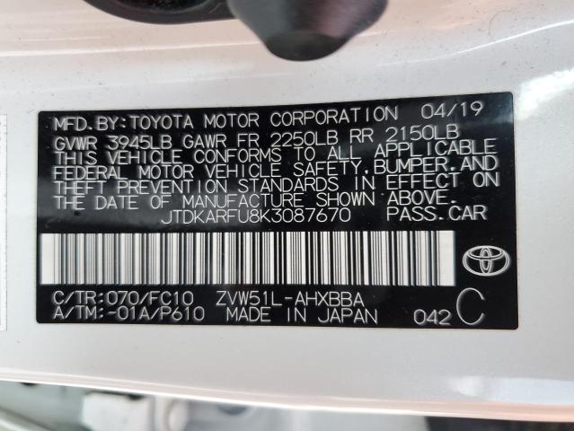 2019 TOYOTA PRIUS JTDKARFU8K3087670