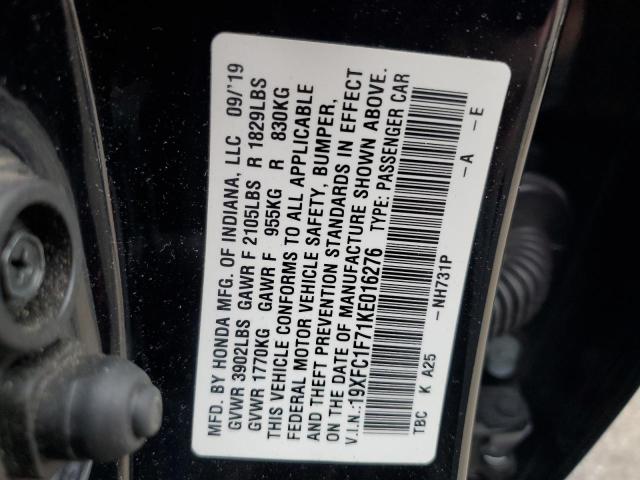 2019 HONDA CIVIC EXL 19XFC1F71KE016276