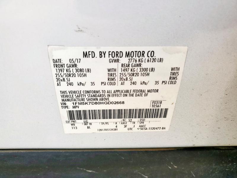 2017 FORD EXPLORER X 1FM5K7D80HGD02668