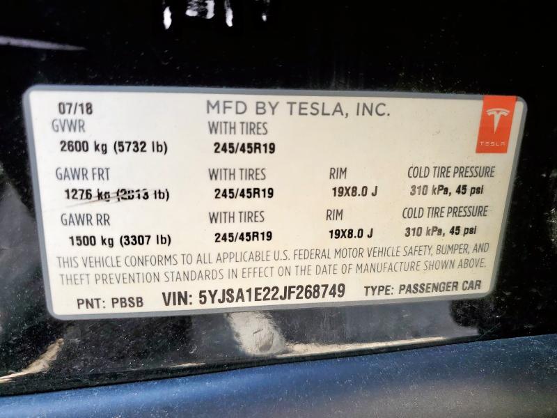 2018 TESLA MODEL S 5YJSA1E22JF268749