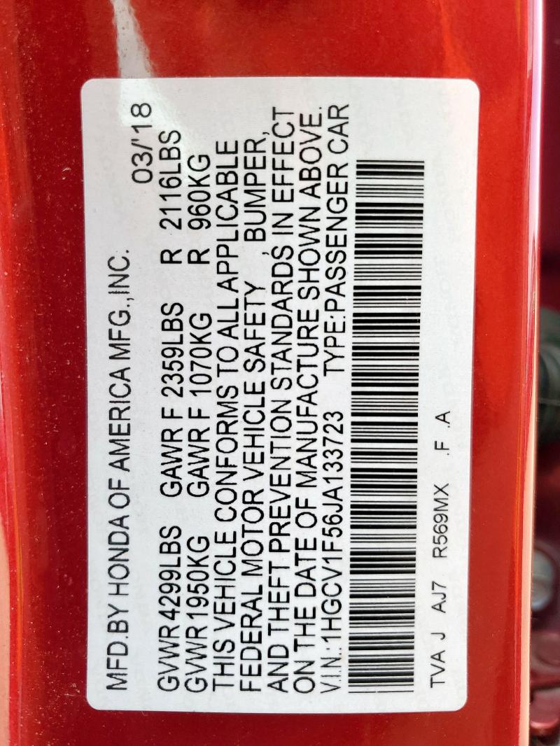 2018 HONDA ACCORD EXL 1HGCV1F56JA133723