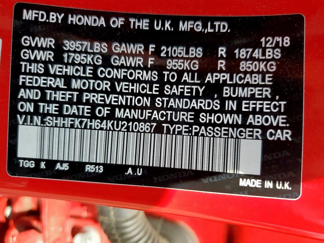 2019 HONDA CIVIC EX SHHFK7H64KU210867