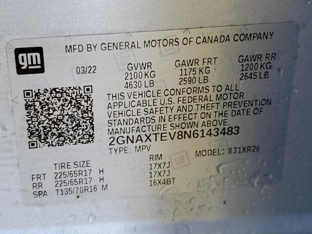 2022 CHEVROLET EQUINOX LT 2GNAXTEV8N6143483