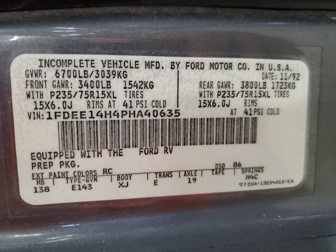 Lot #3224694180 1993 FORD ECONOLINE