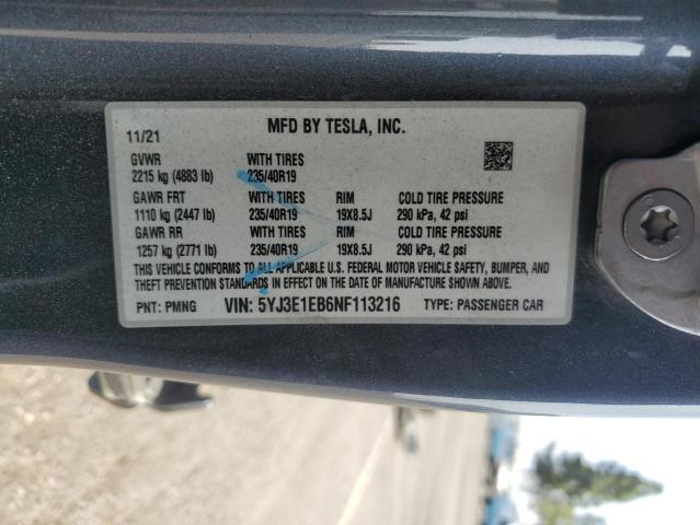 2022 TESLA MODEL 3 5YJ3E1EB6NF113216