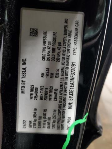 2022 TESLA MODEL 3 5YJ3E1EA3NF372091