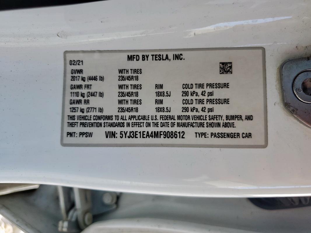 2021 TESLA MODEL 3 5YJ3E1EA4MF908612