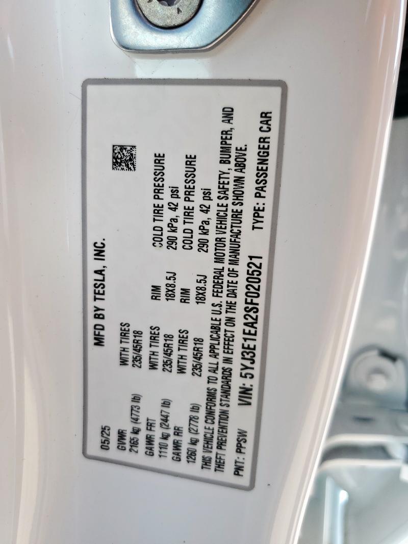 2025 TESLA MODEL 3 5YJ3E1EA2SF020521