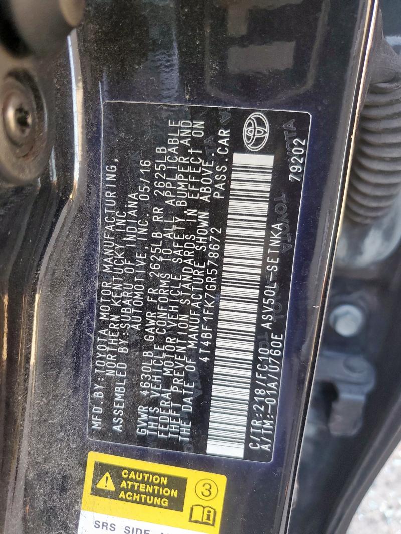 2016 TOYOTA CAMRY LE 4T4BF1FK7GR578672