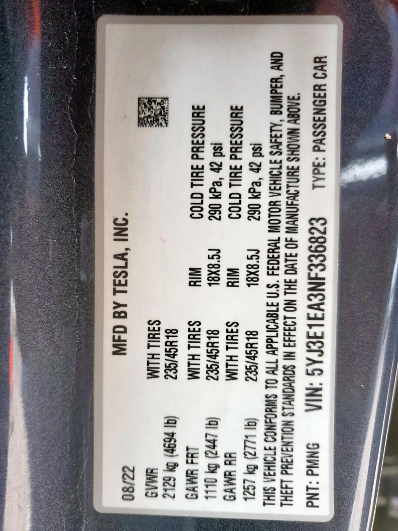 2022 TESLA MODEL 3 5YJ3E1EA3NF336823
