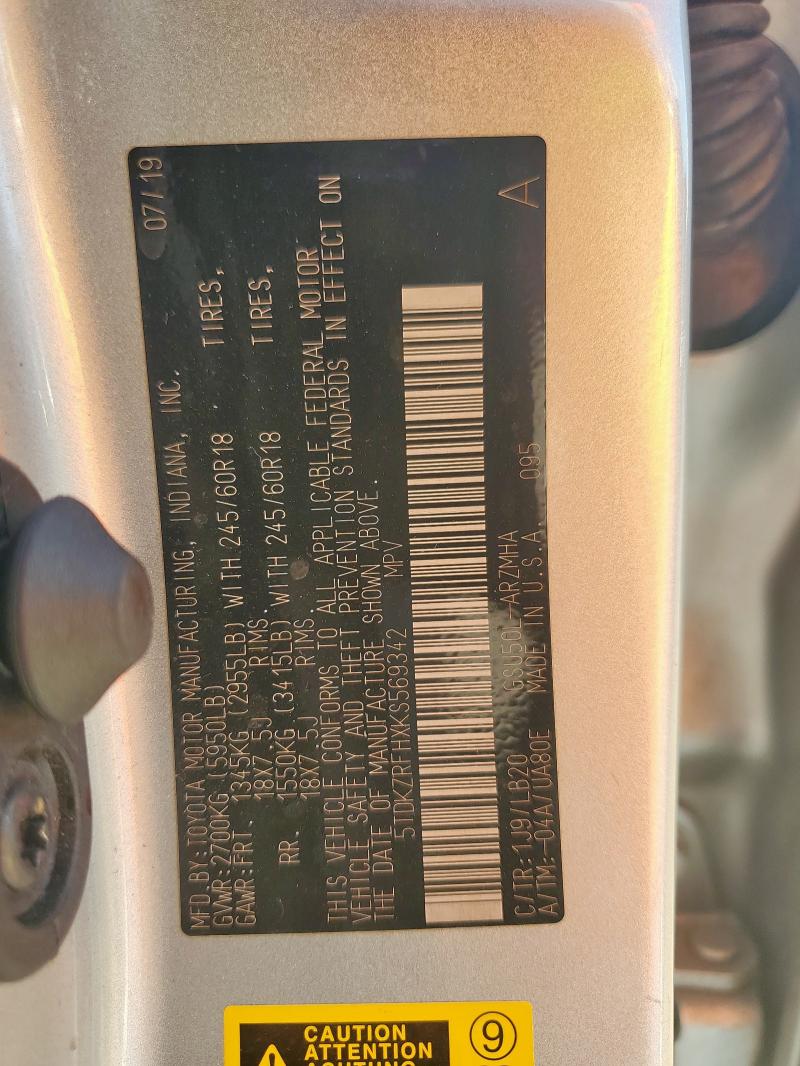 2019 TOYOTA HIGHLANDER 5TDKZRFHXKS569342