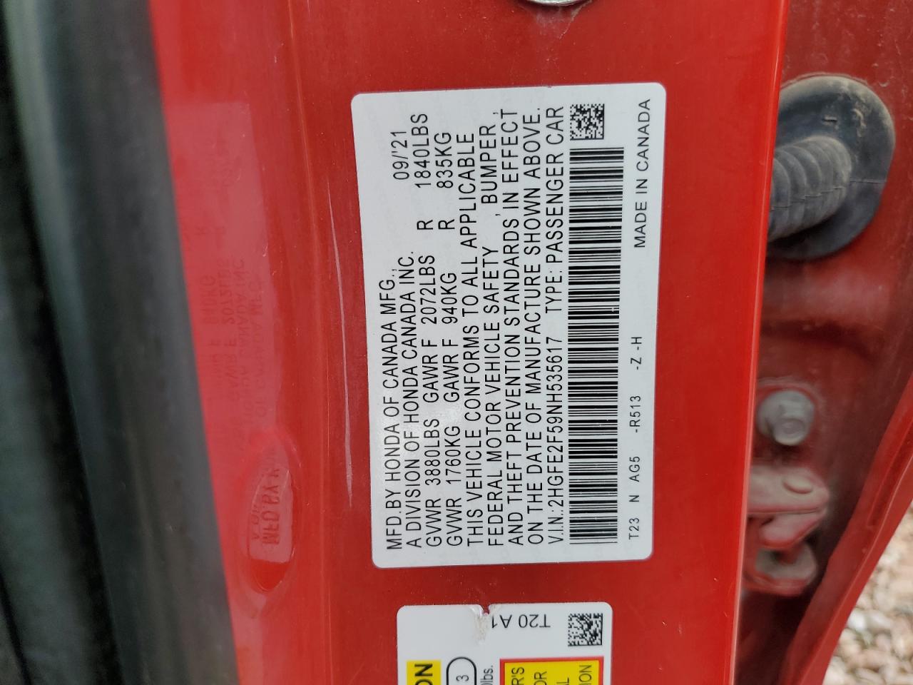 2HGFE2F59NH535617 HONDA CIVIC 2022