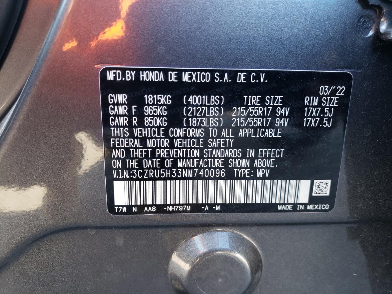3CZRU5H33NM740096 HONDA HR-V 2022