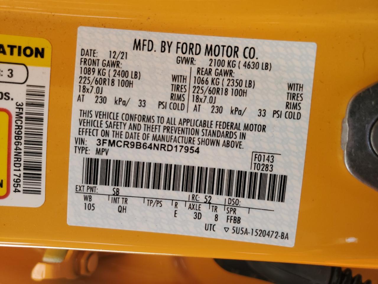 3FMCR9B64NRD17954 FORD BRONCO 2022