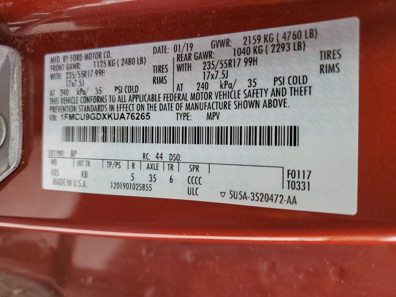 1FMCU9GDXKUA76265 FORD ESCAPE 2019