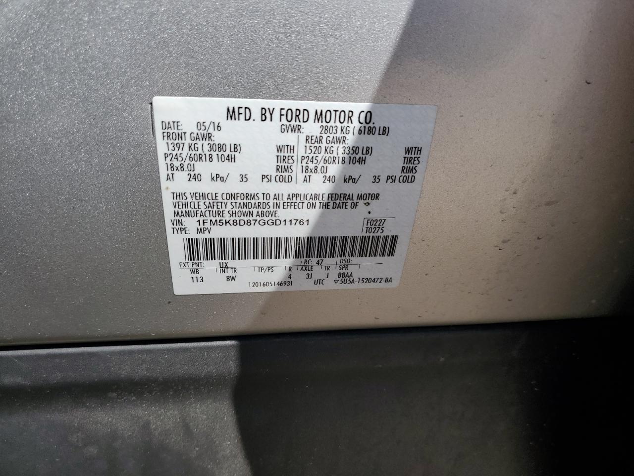 1FM5K8D87GGD11761 FORD EXPLORER 2016