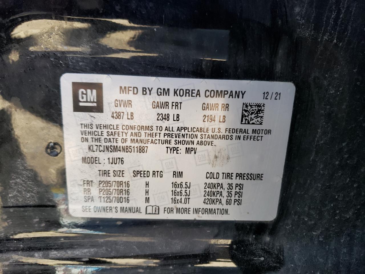 KL7CJNSM4NB511887 CHEVROLET TRAX 2022