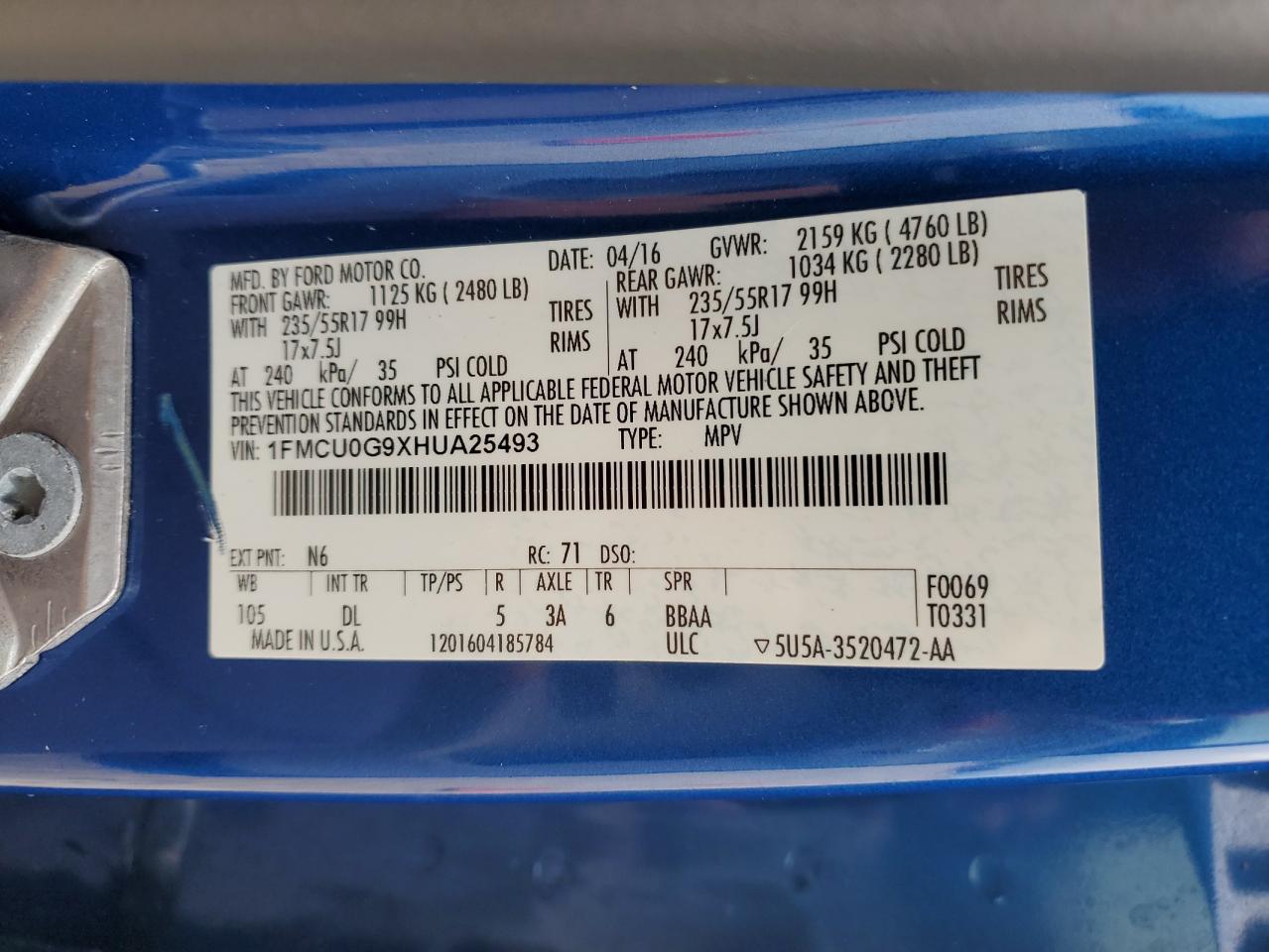 1FMCU0G9XHUA25493 FORD ESCAPE 2017