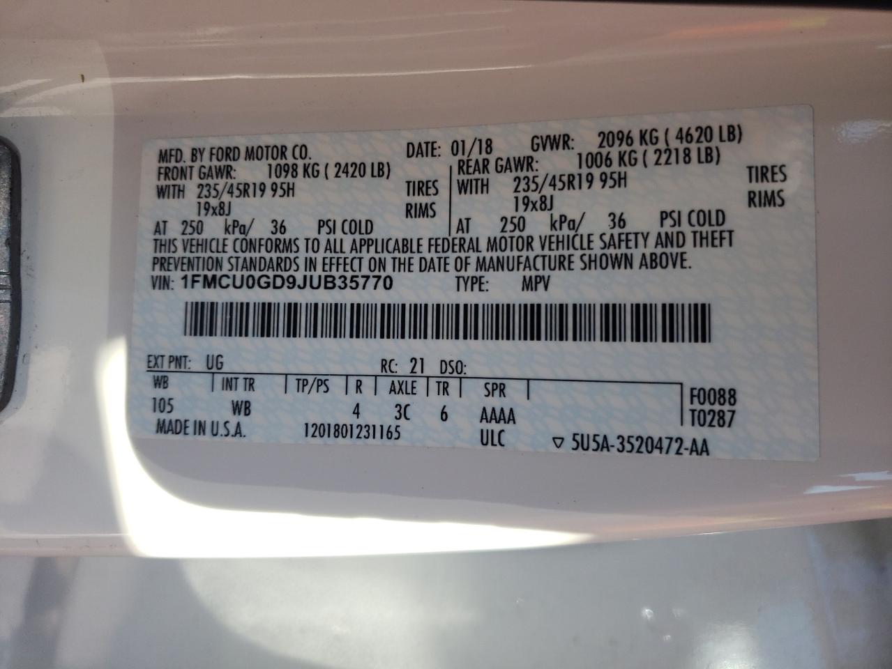 1FMCU0GD9JUB35770 FORD ESCAPE 2018
