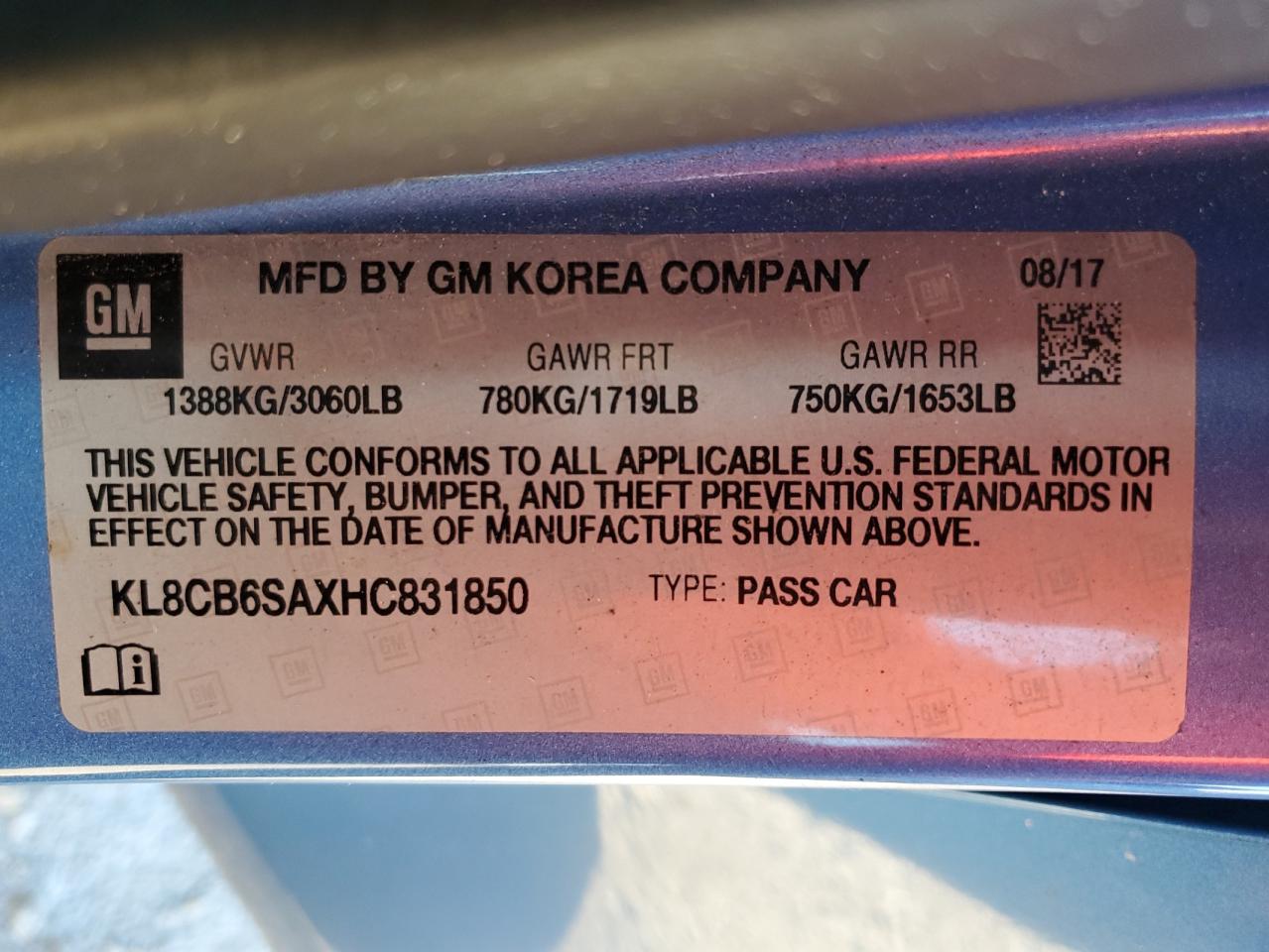 KL8CB6SAXHC831850 CHEVROLET SPARK 2017