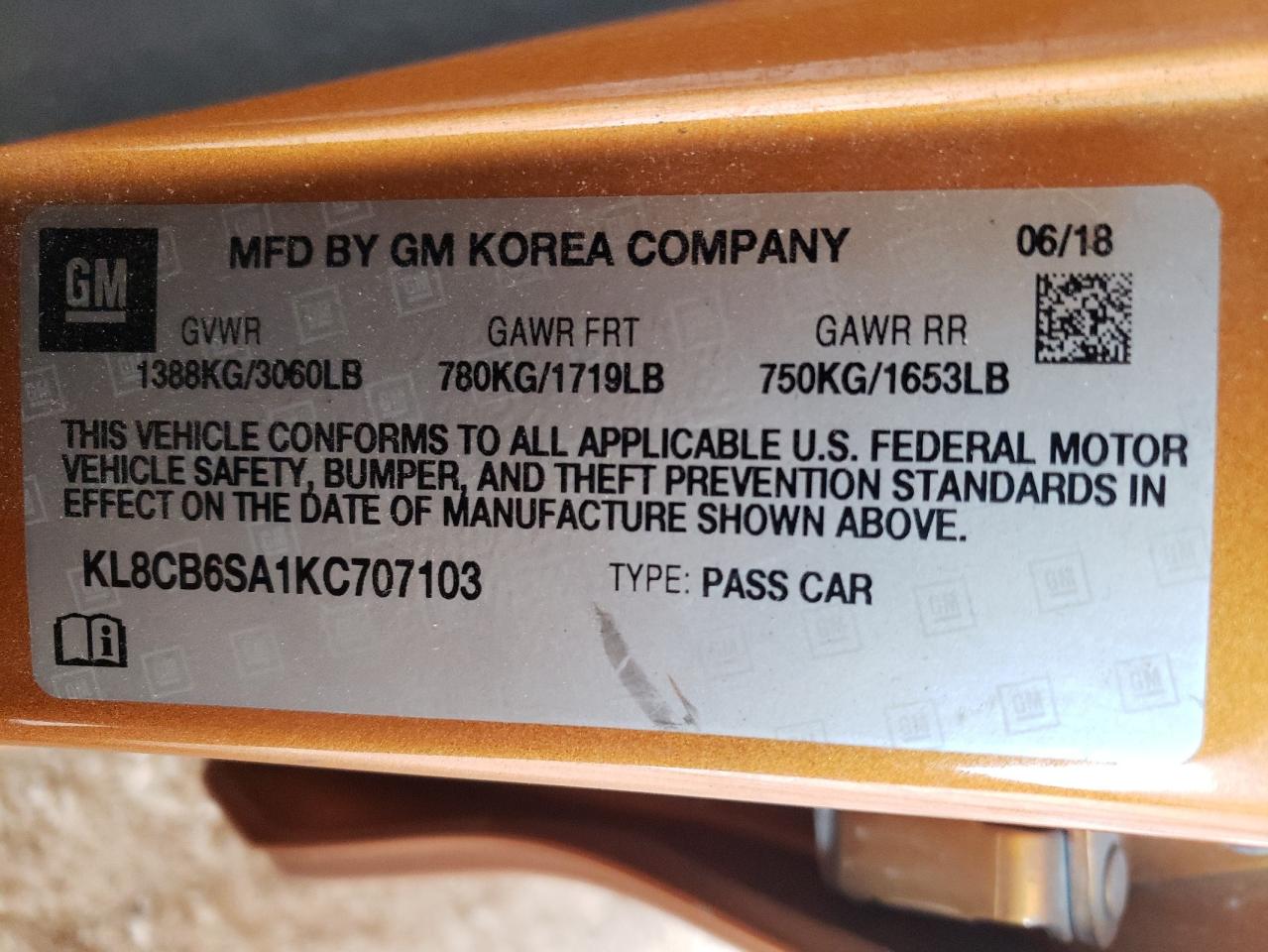 KL8CB6SA1KC707103 CHEVROLET SPARK 2019