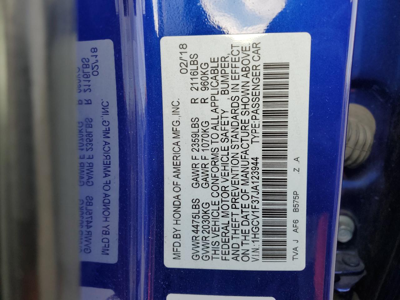 1HGCV1F37JA123944 HONDA ACCORD 2018