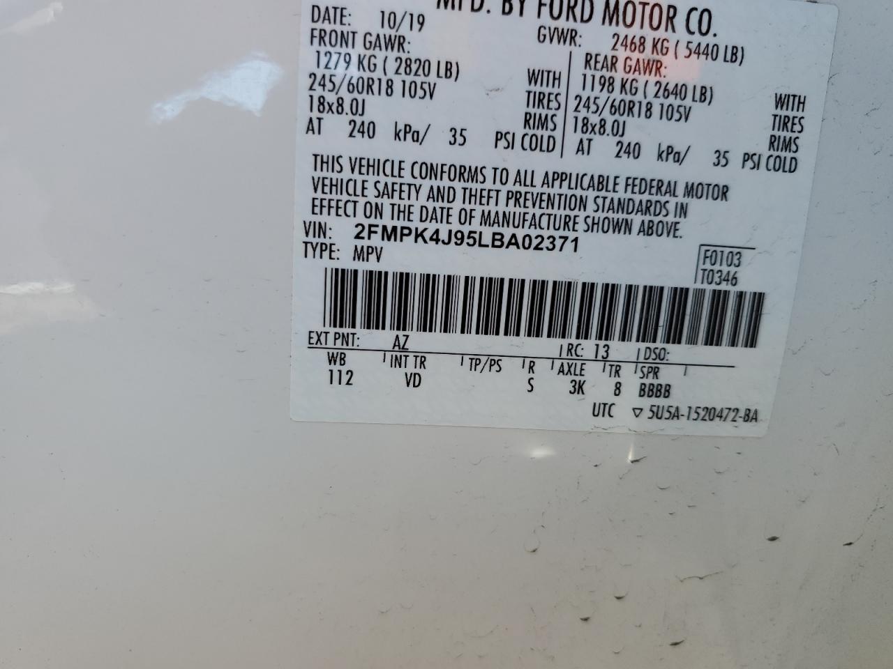 2FMPK4J95LBA02371 FORD EDGE 2020
