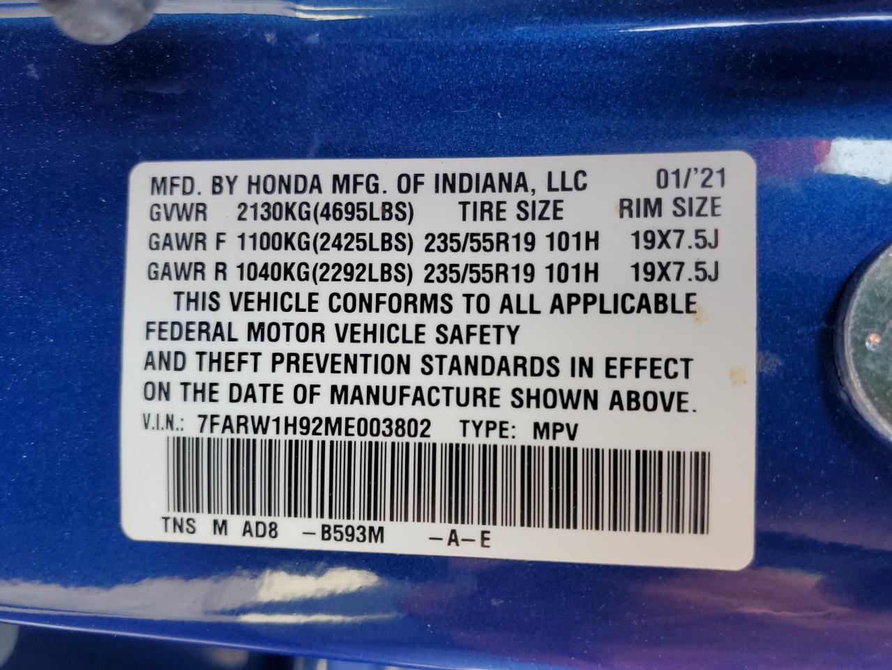 7FARW1H92ME003802 2021 Honda Cr-V Touring