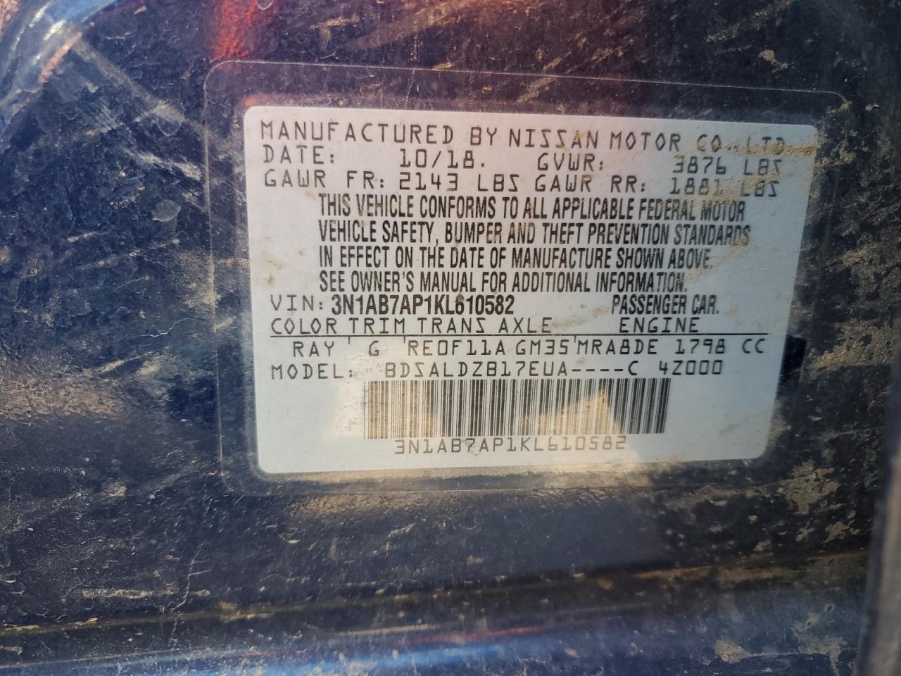 3N1AB7AP1KL610582 NISSAN SENTRA 2019