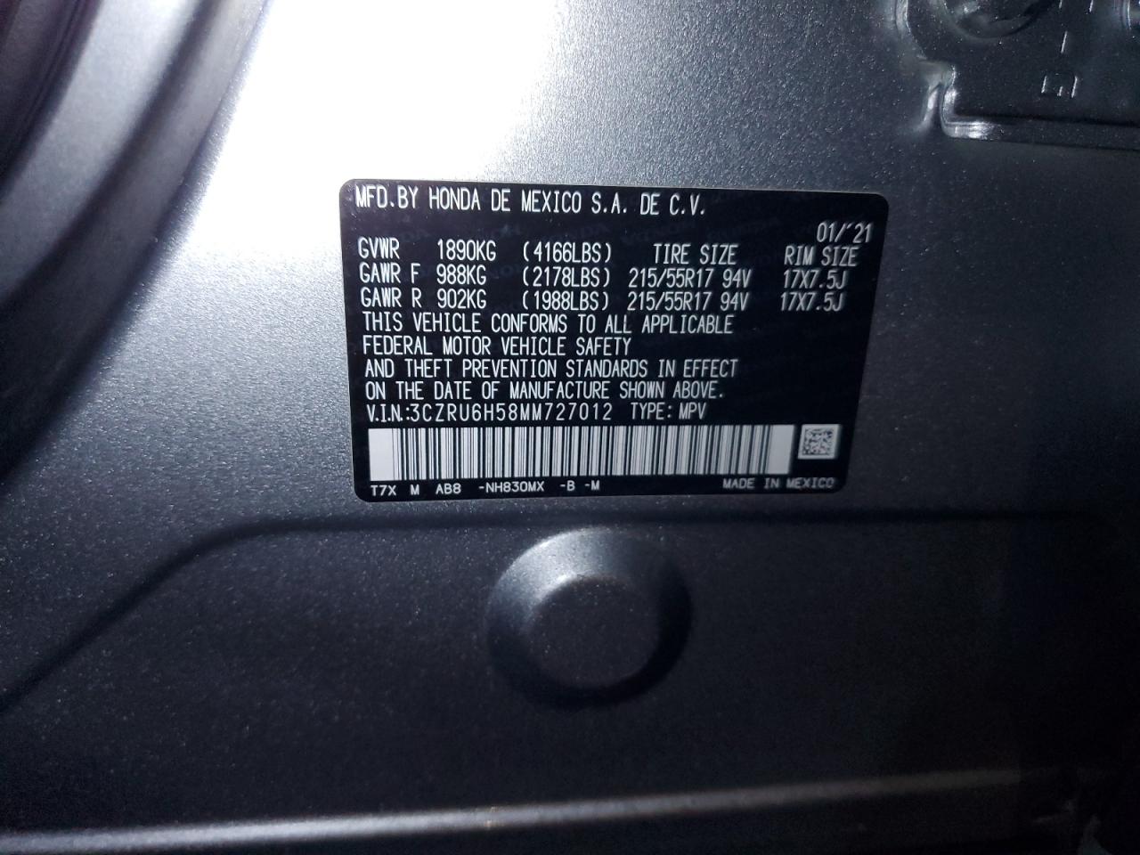 3CZRU6H58MM727012 HONDA HR-V 2021
