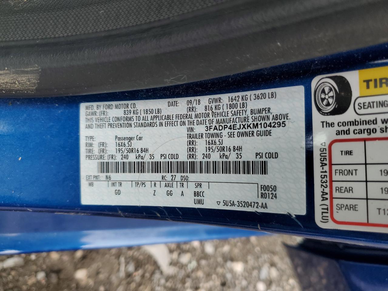 3FADP4EJXKM104295 FORD FIESTA 2019