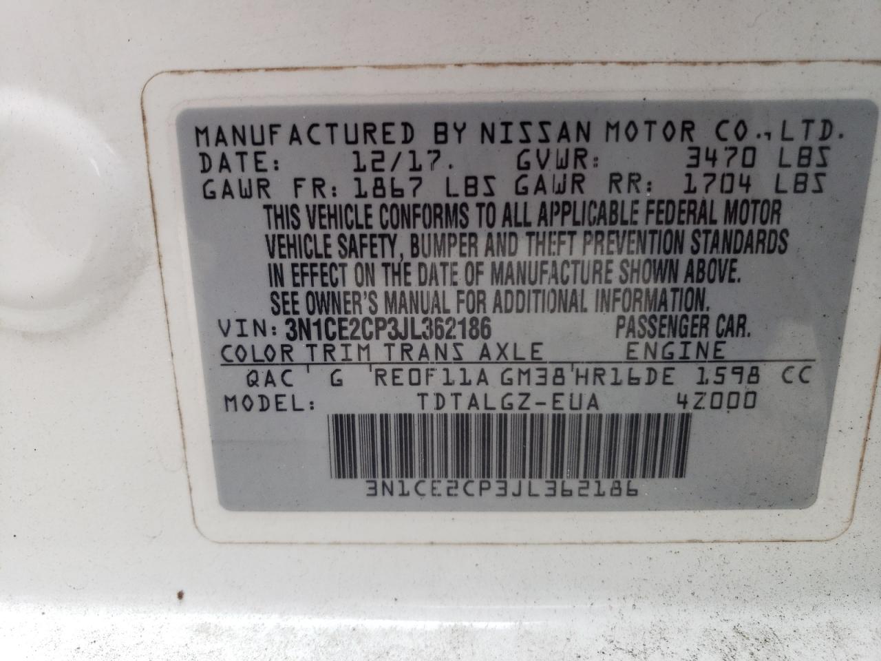 3N1CE2CP3JL362186 NISSAN VERSA 2018