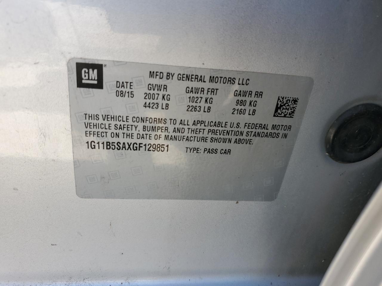 1G11B5SAXGF129851 CHEVROLET MALIBU 2016