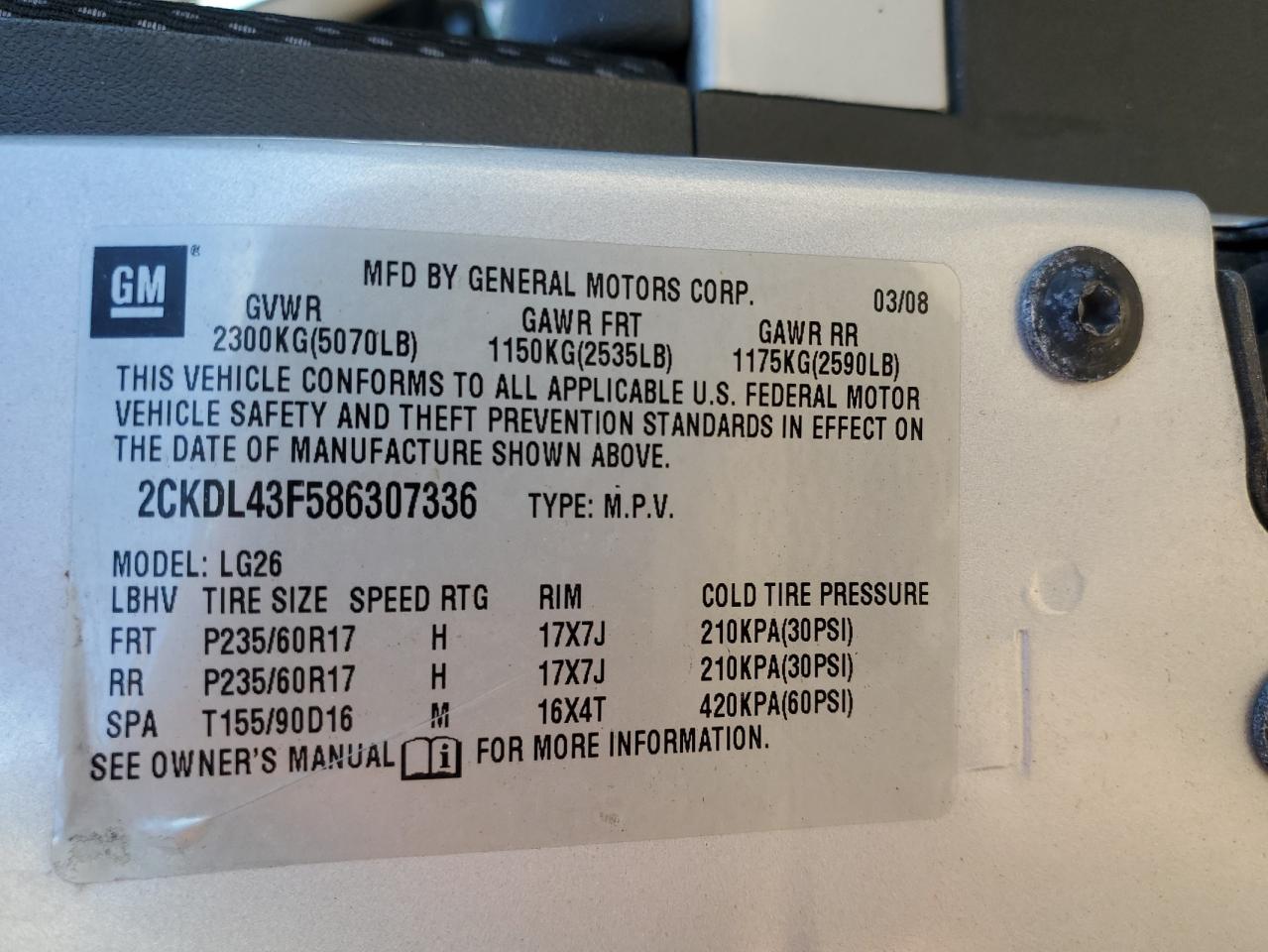 2CKDL43F586307336 2008 Pontiac Torrent