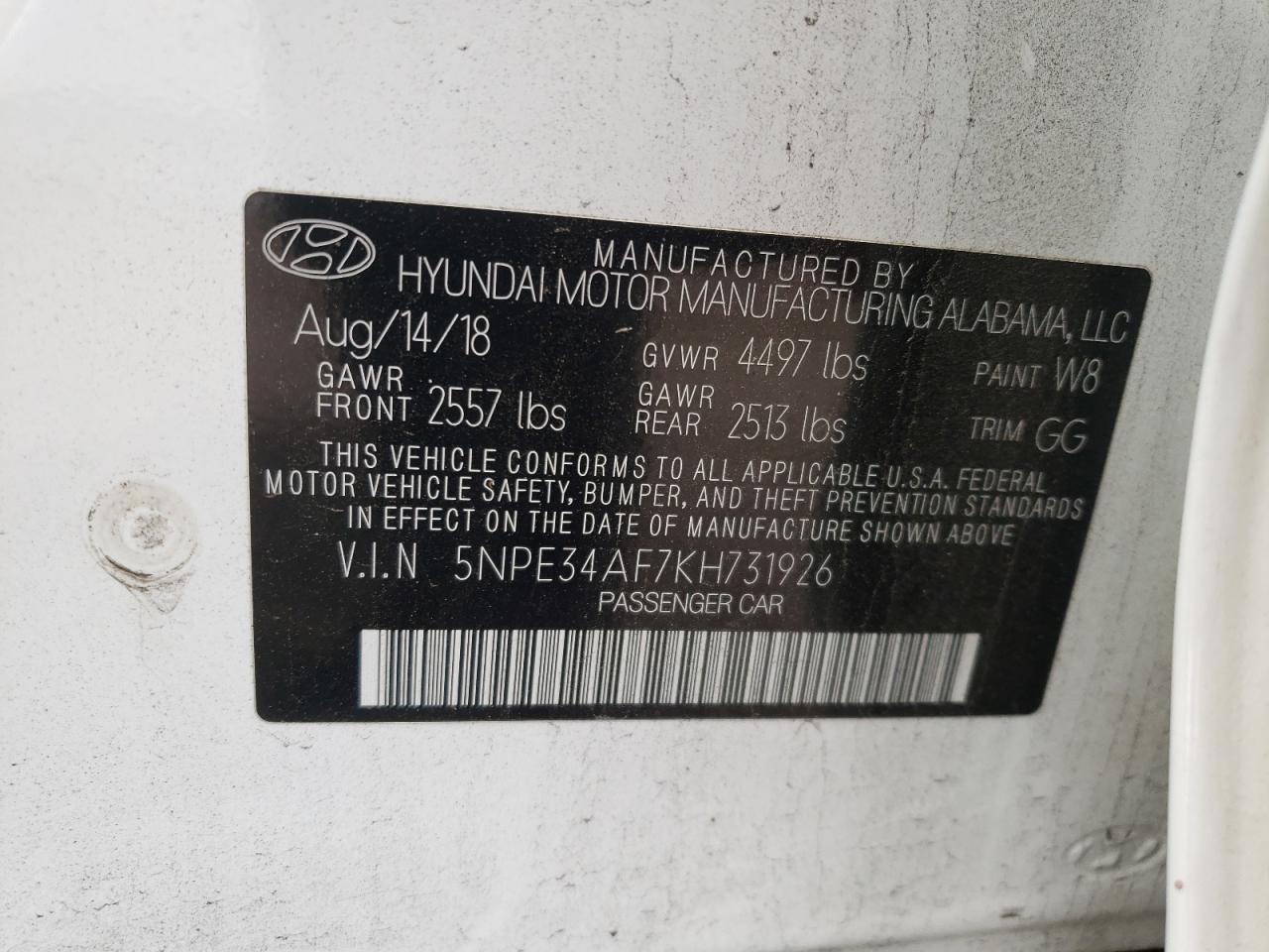 5NPE34AF7KH731926 HYUNDAI SONATA 2019