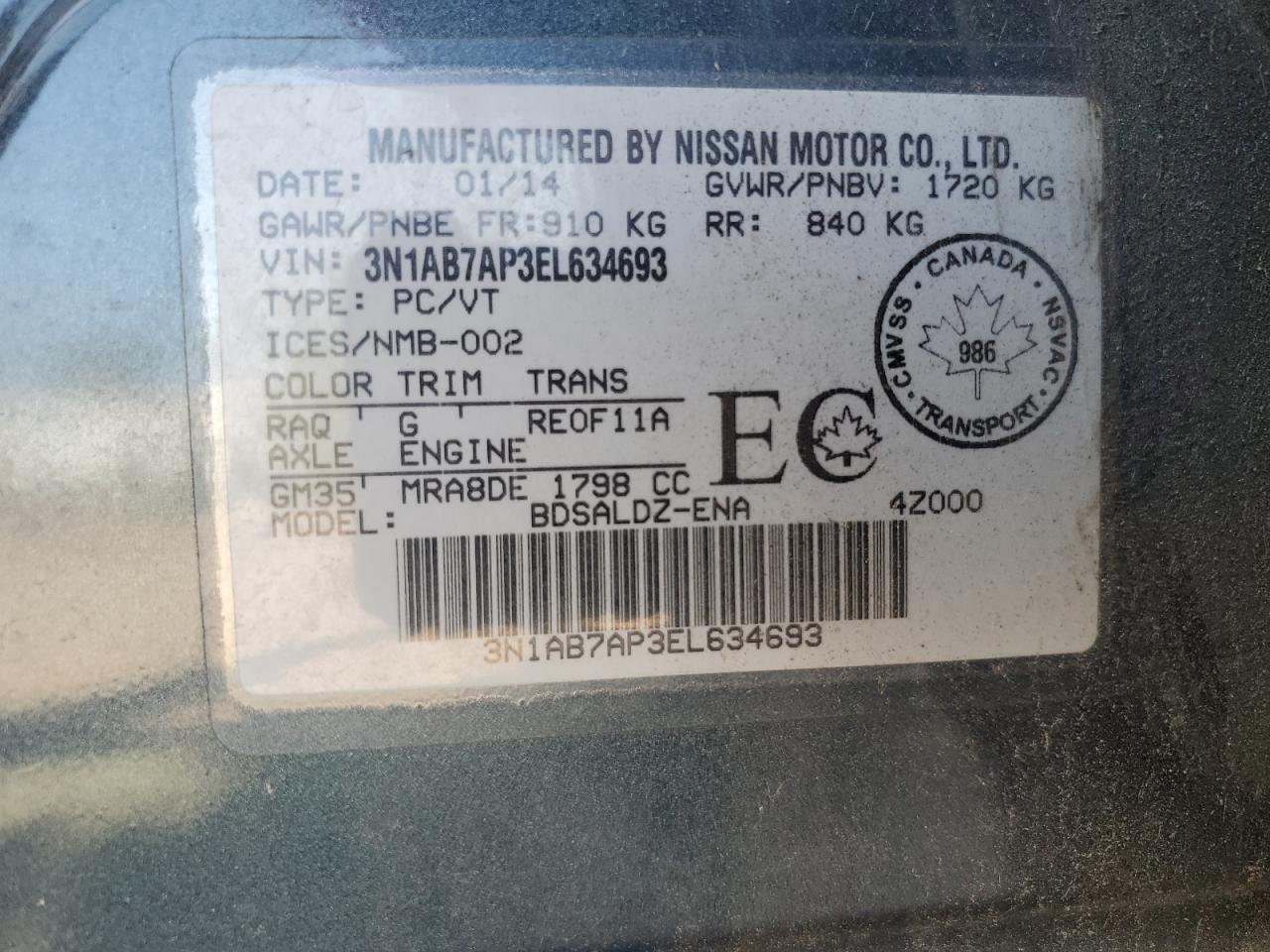 3N1AB7AP3EL634693 2014 Nissan Sentra S