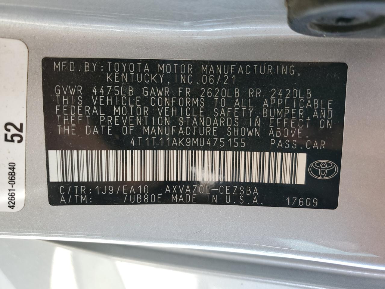 4T1T11AK9MU475155 TOYOTA CAMRY 2021