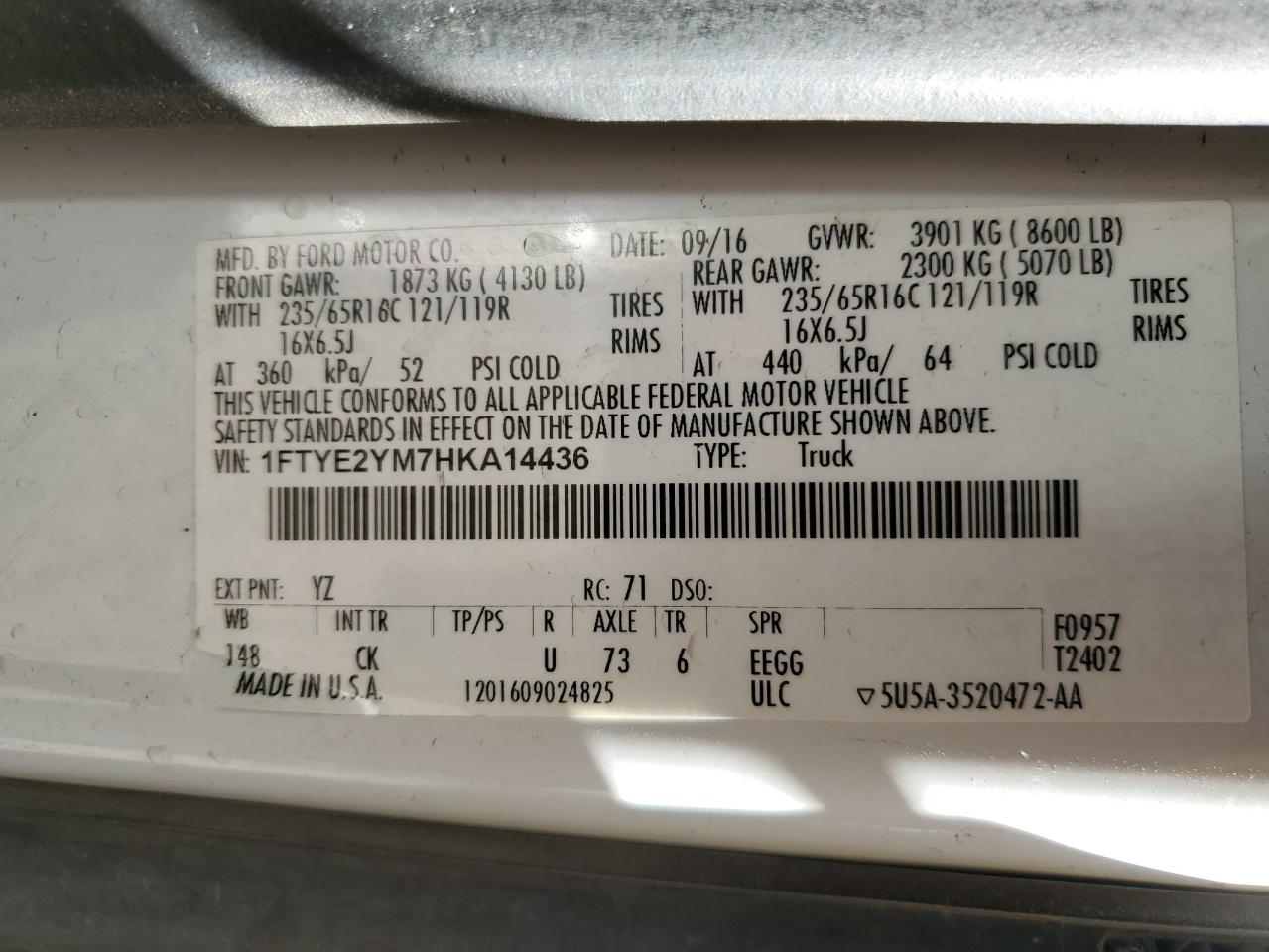 1FTYE2YM7HKA14436 FORD TRANSIT 2017